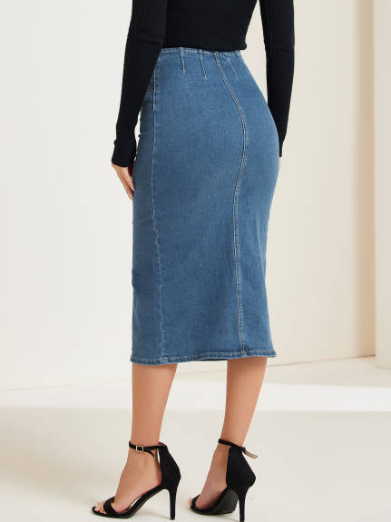 Allegra K - Front Slit Maxi Bodycon Denim Skirt