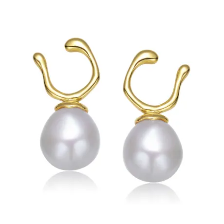 Sterling Silver 14k Gold Plated with Genuine Freshwater Pearl Hook Earrings