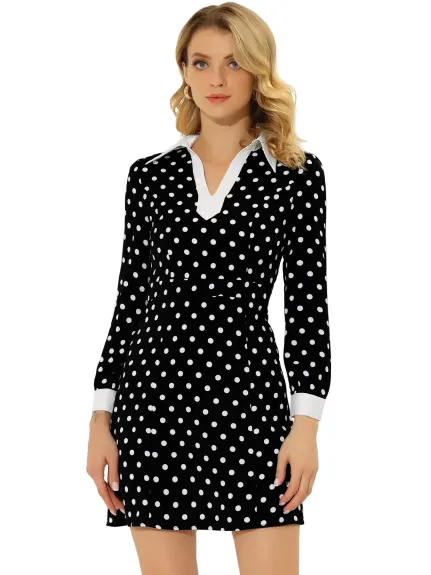 Allegra K- Contrast Cuff Polka Dots a Line Long Sleeve Dress