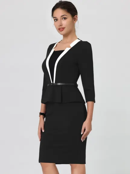 Hobemty- Notch Collar Peplum Pencil Dress