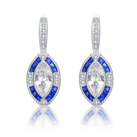 Genevive Sterling Silver White Gold Plated with Oval Sapphire Blue Cubic Zirconia Leverback Earrings