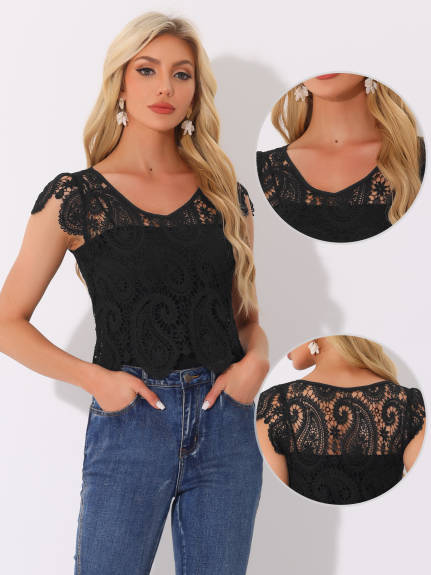 Allegra K- Blouse d’été en dentelle pure Boho