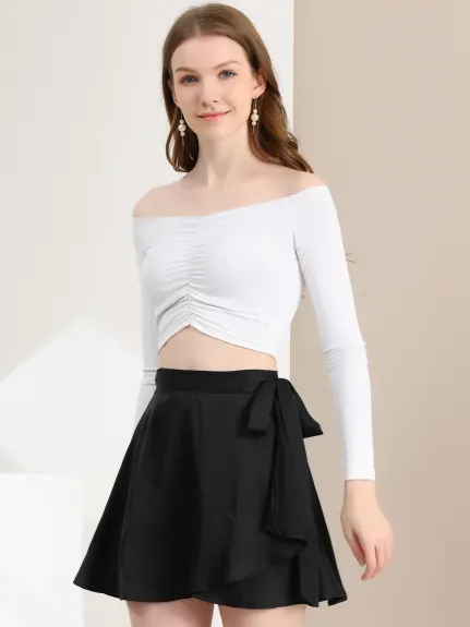 Allegra K- Satin Mini Wrap Skater Skirt