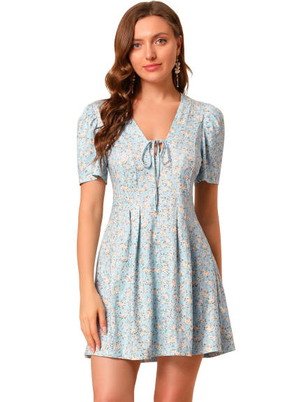 Allegra K- Floral Short Sleeves Flare Dress