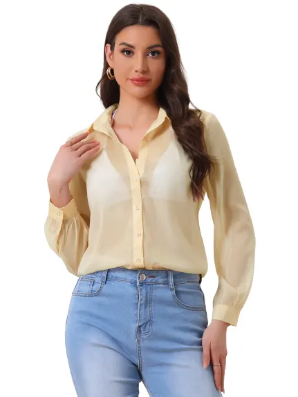 Allegra K- Button Up See Through Mesh Shirt