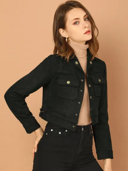 Allegra K- Faux Suede Notched Collar Button Up Cropped Jacket