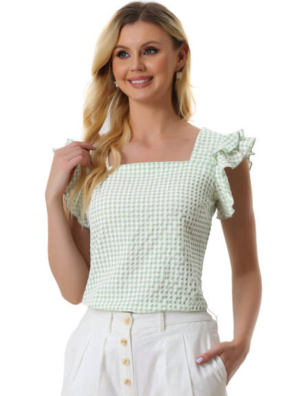 Allegra K - Summer Ruffle Sleeve Gingham Top