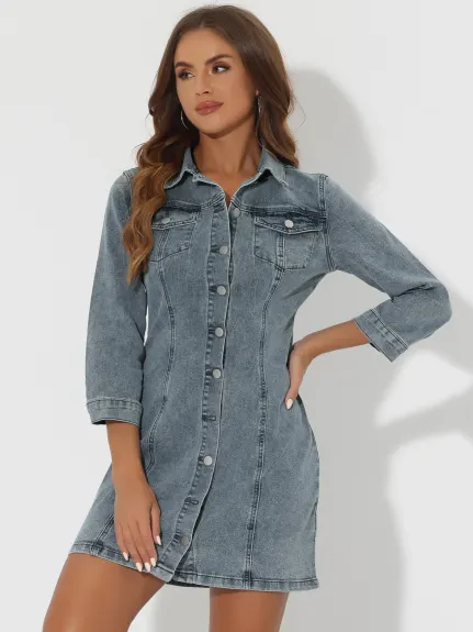 Allegra K- Robe chemise slim en jean à manches 3/4