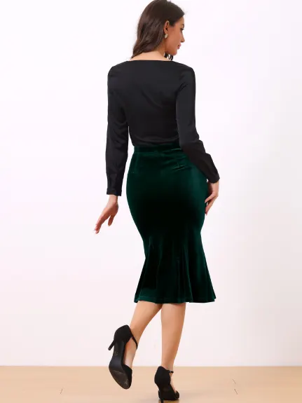 Allegra K- Elastic Waist Velvet Fishtail Bodycon Skirt