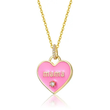 Rachel Glauber 14k Gold Plated with Clear Cubic Zirconia MAMA Pink Enamel Heart Pendant Layering Necklace