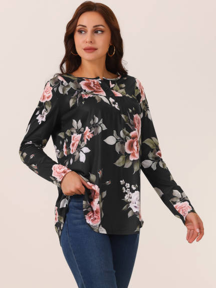 INSPIRE CHIC - Floral Print Henley V Neck Tunic Top