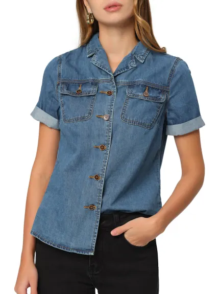 Allegra K- chemise en Jean col cranté boutonné