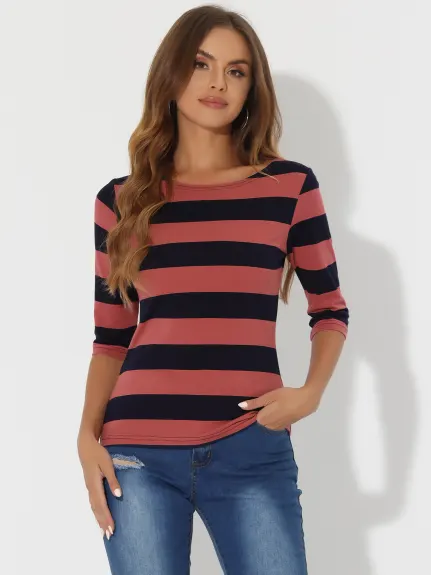 Allegra K- Boat Neck Elbow Sleeve Slim Fit Stripe T-Shirt