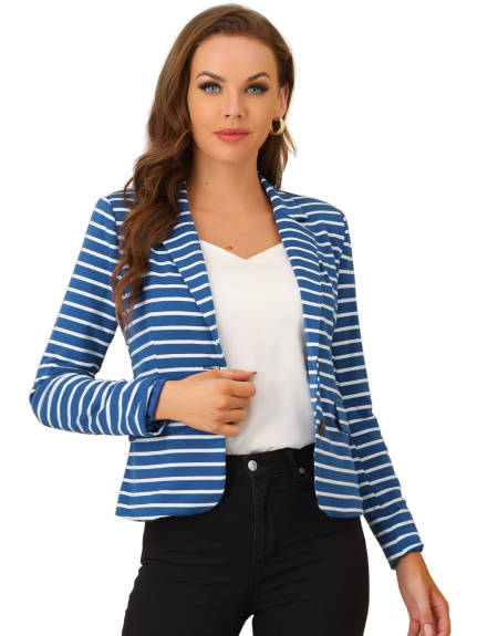 Allegra K- Notched Lapel Pocket Button Closure Striped Blazer