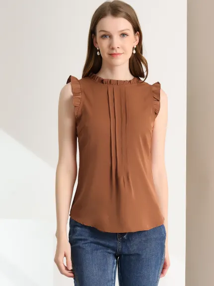 Allegra K- Ruffled Mandarin Collar Sleeveless Pleated Blouse