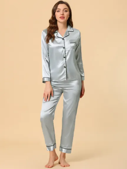 Allegra K - Satin Button Down Lounge Pajama Sets