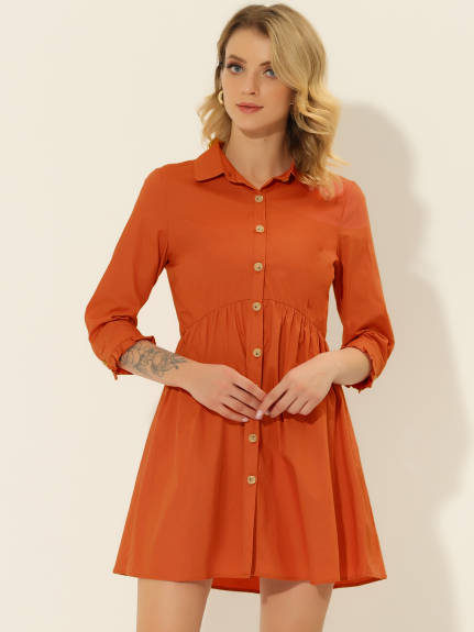 Allegra K- 3/4 Sleeve Button Up Flare Shirt Dress