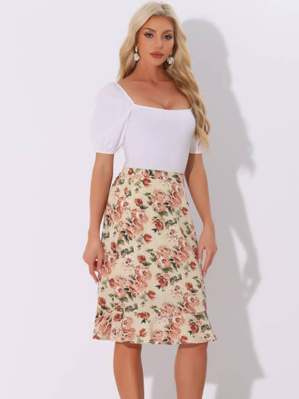 Allegra K- Floral Ruffle A-Line Split Midi Skirt