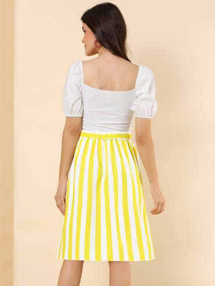 Allegra K - Button A-Line Striped Midi Skirt