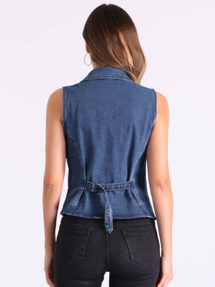 Allegra K - Notched Lapel Button Down Denim Vest