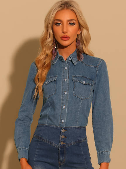 Allegra K - Denim Casual Long Sleeve Shirt