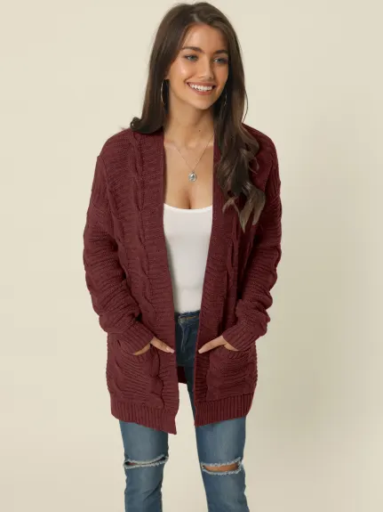 Allegra K- Cardigan pull ouvert sur le devant en tricot torsadé avec poches