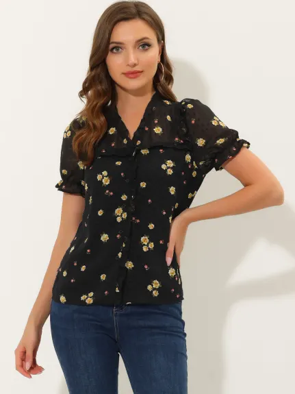 Allegra K- Swiss Dots Floral Chiffon Shirt