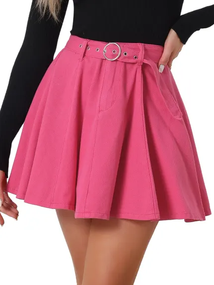 Allegra K- Belted A-Line Mini Denim Skirt