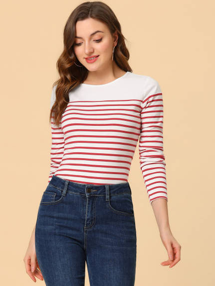 Allegra K- Color Block Long Sleeve Stripe T-Shirt