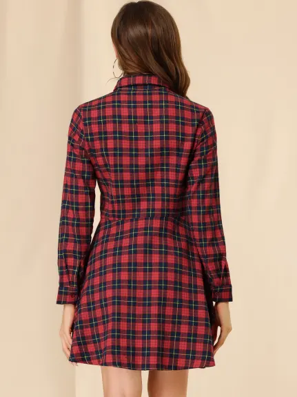 Allegra K- Plaids Cotton Fit and Flare Shirt Dress