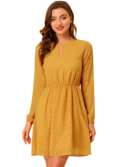 Allegra K- Gilding Print Choker V-Neck Above Knee Dress