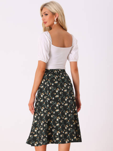 Allegra K- Elastic Waist A-Line Midi Leave Print Skirt