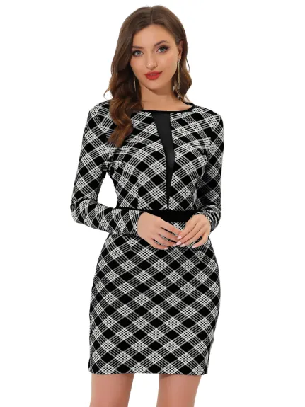 Allegra K- Plaid Mesh Panel Long Sleeve Bodycon Dress