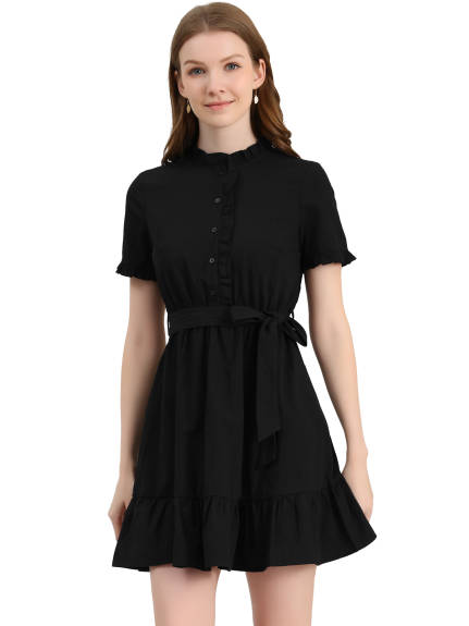 Allegra K- Cotton Fit and Flare Belted Button Front Ruffled Dress