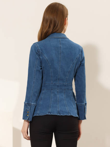 Allegra K- Notched Lapel Button Denim Jacket with Pockets