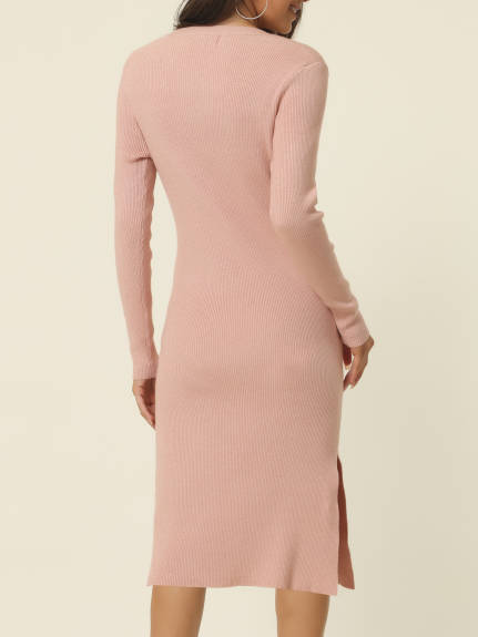 Allegra K - Square Neck Long Sleeve Ribbed Knit Dress