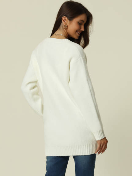 Allegra K- Round Neck Pullover Sweater with Pockets