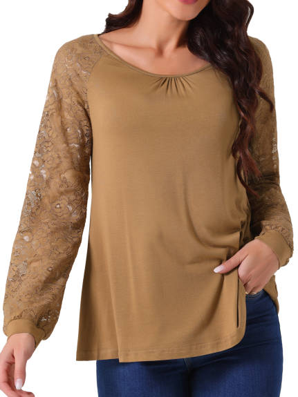 Allegra K - Lace Long Sleeve Crewneck Fall Blouse