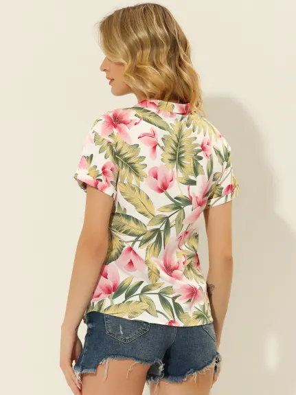 Allegra K- Beach Tropical Printed Button Down Shirt