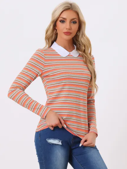 Allegra K- Contrast Collar Striped Blouse