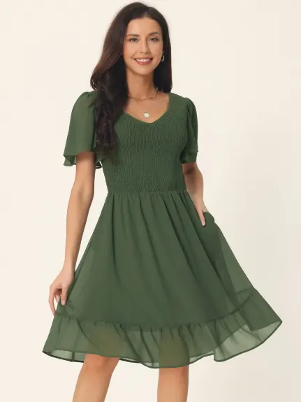 Allegra K - Summer Solid Smocked Chiffon Dress