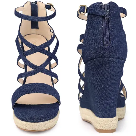 Allegra K - Platform Strappy Denim Wedge Sandals