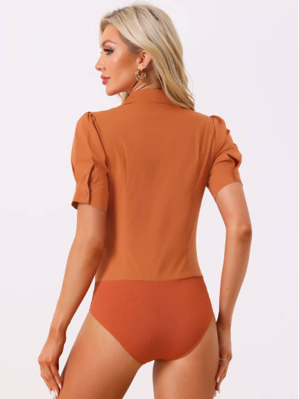 Allegra K - Button Short Sleeve Leotard Shirt Bodysuit