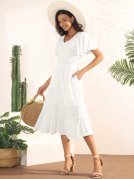 Allegra K - Ruffle Sleeve Smocked High Waist Midi Dress