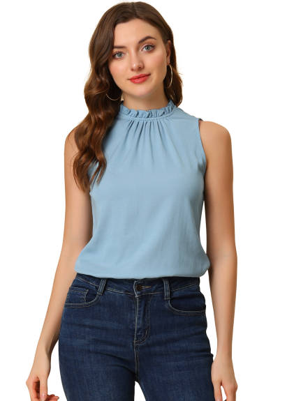 Allegra K- Mock Neck Ruffle Sleeveless Blouse