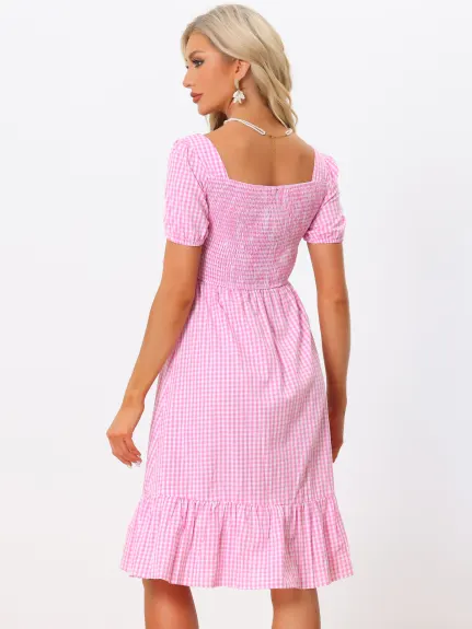 Allegra K - Cut-Out Tie Knot Smocked Plaid Ruffle Dress