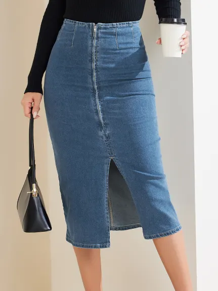 Allegra K - Front Slit Maxi Bodycon Denim Skirt