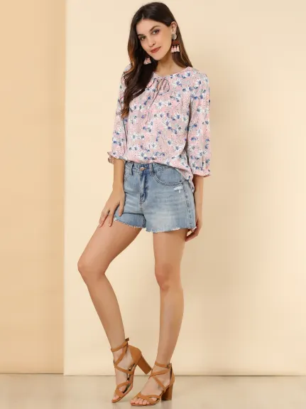 Allegra K- Tie Blouse florale à manches 3/4 et col en V