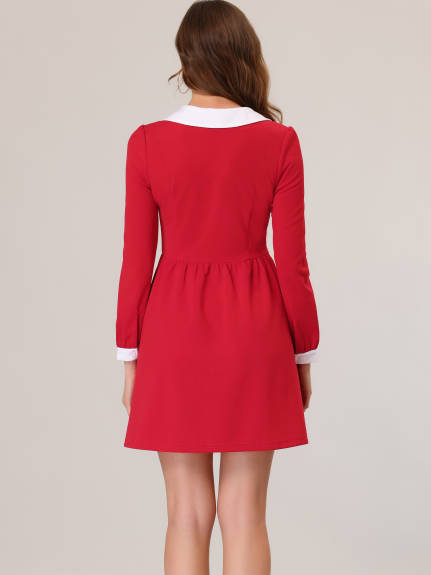 Allegra K- Contrast Collar Tie Front Long Sleeves Dress