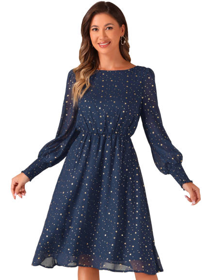 Allegra K - Puff Long Sleeve Gliding Stars Midi Dress